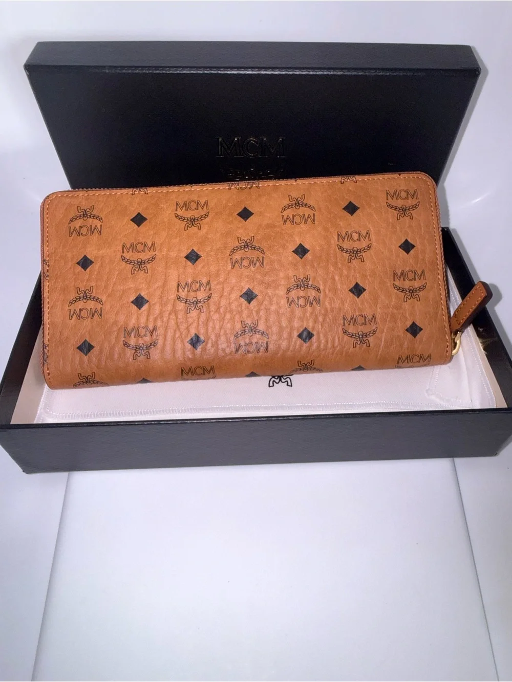 MCM Visetos Large Zip Around Wallet Cognac